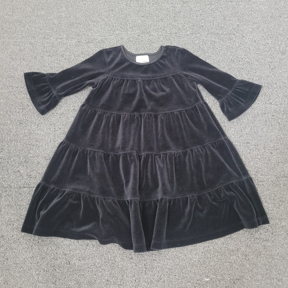 Hanna Andersson 100 4T Velvet Tiered Dress Black Ruffle Bell Sleeve Holiday